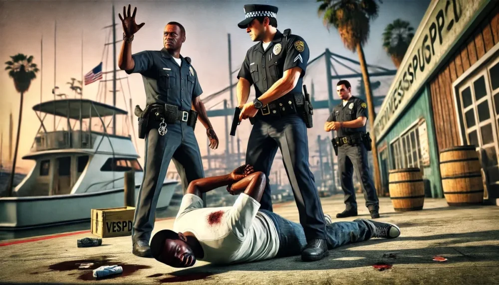 DALL·E 2024-11-26 00.16.50 - A dramatic GTA 5 loading screen style artwork depicting police officers standing over a dark-skinned citizen with dreadlocks who appears injured and b.webp