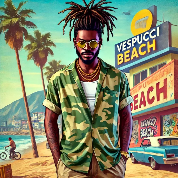 DALL·E 2024-12-01 13.38.10 - A GTA-style artwork of Malik 'Breeze' Thompson, a Jamaican man with dark brown skin and short dreadlocks tied into a single ponytail made entirely of.webp