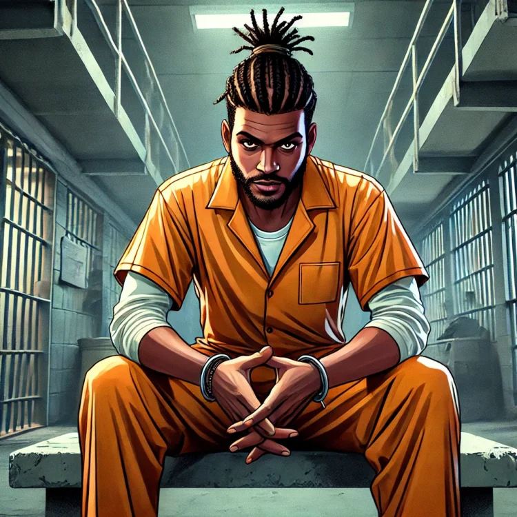 DALL·E 2024-12-20 18.58.00 - A GTA-style artwork of Malik 'Breeze' Thompson, a Jamaican man with dark brown skin and short dreadlocks tied into a single ponytail. He is wearing an.webp